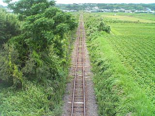 畑の中をまっすぐ続く指宿枕崎線の線路